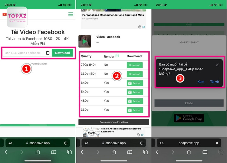Giao diện tải video Facebook về iPhone bằng Snapsave